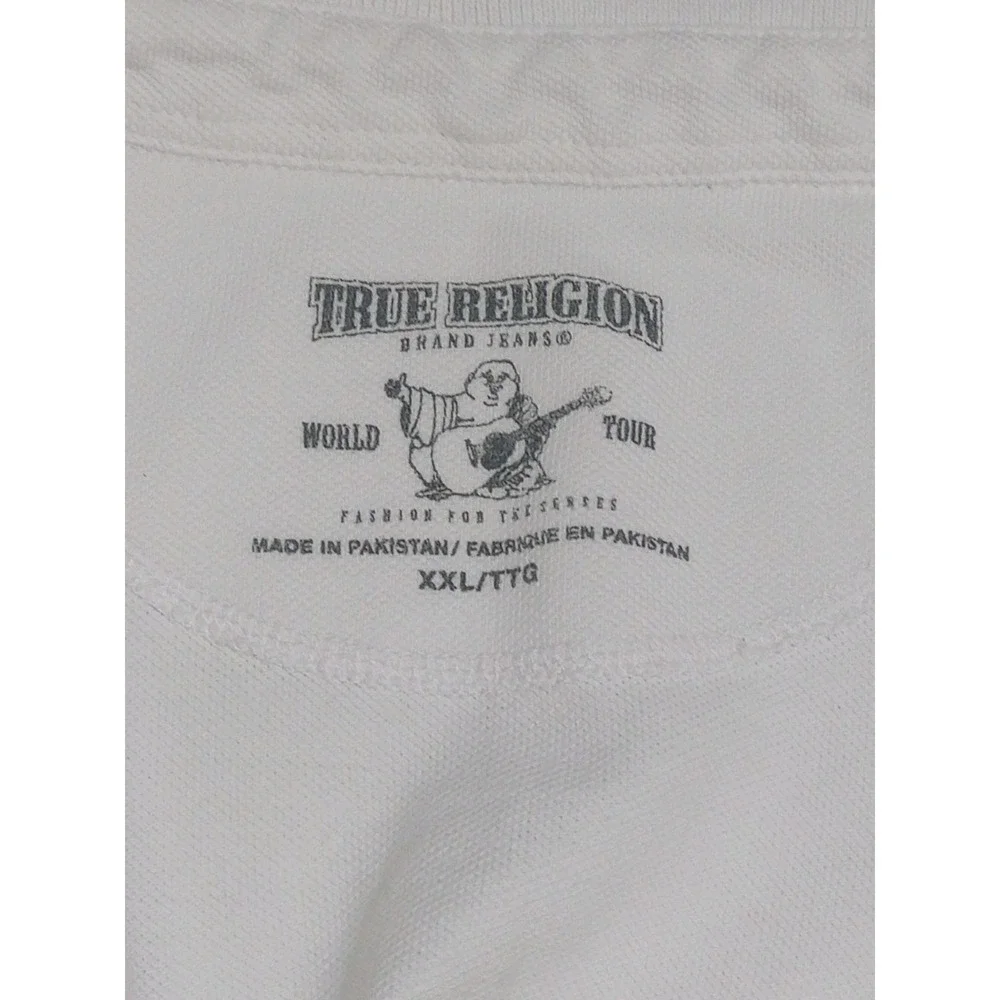 True Religion Vintage Y2K Polo Shirt Mens XXL White Buddha 56 World Tour Graphic
